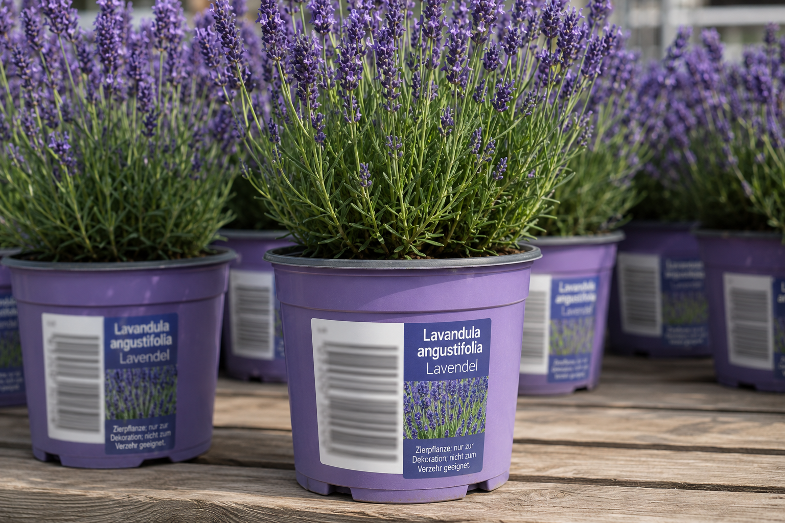Lavendel in violetten Töpfen mit gut sichtbarem Topfetikett und Barcode für den professionellen Gartenbau.