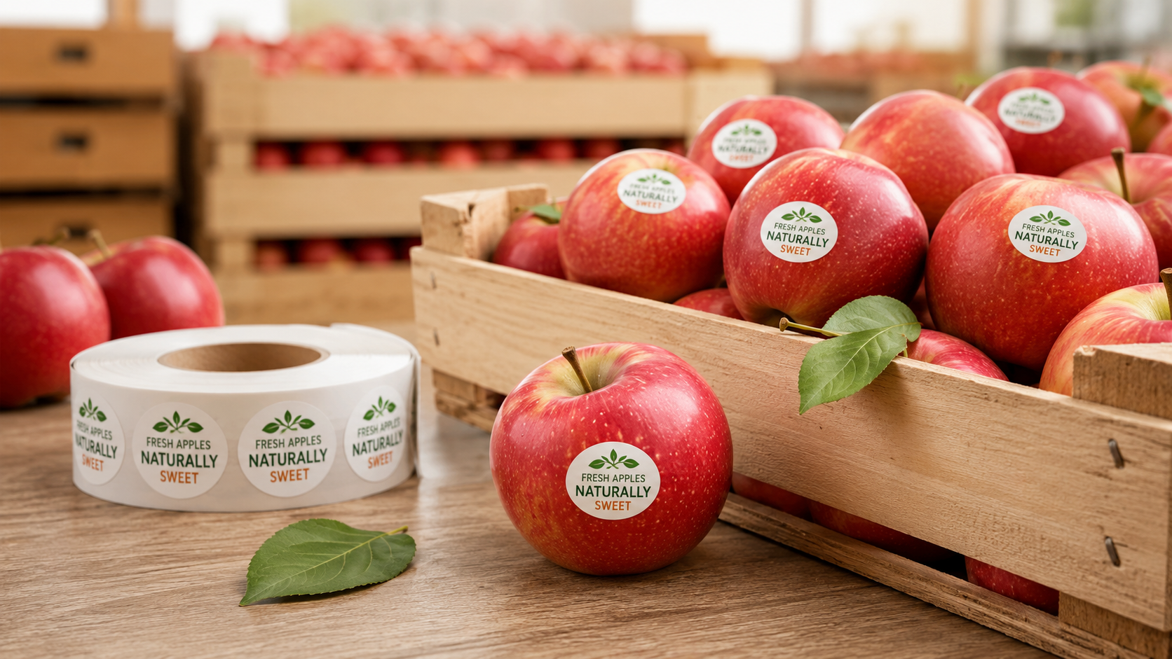 Bedruckte Obst Etiketten auf Äpfeln für den professionellen Einsatz im Obsthandel
