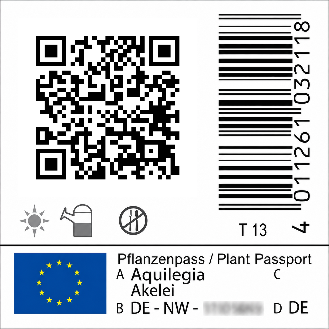 Pflanzenetikett mit QR-Code, EAN-Code, Piktogrammen und Pflanzenpass für den Gartenbau
