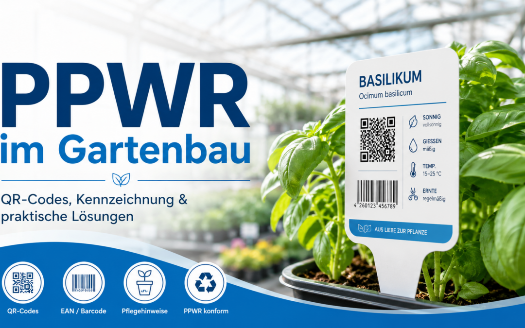 PPWR im Gartenbau mit Pflanzenetikett, QR-Code, EAN-Code und Pflegehinweisen