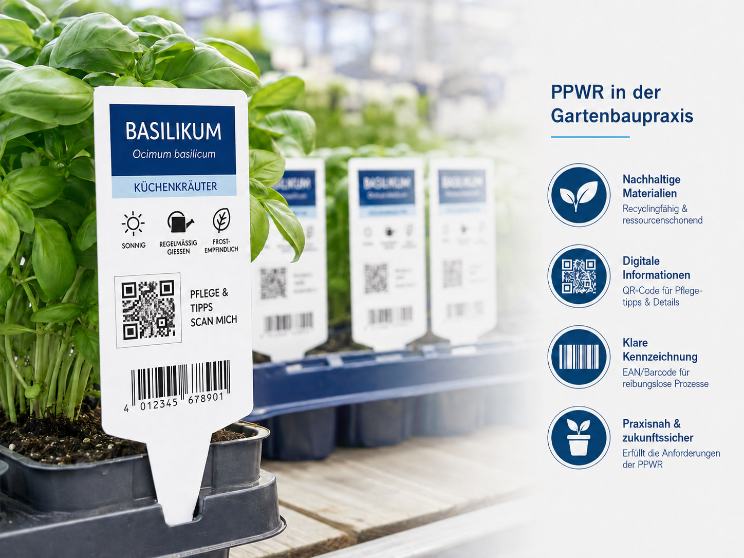 Pflanzenetikett im Gartenbau mit QR-Code, Barcode und Piktogrammen zur PPWR-Kennzeichnung